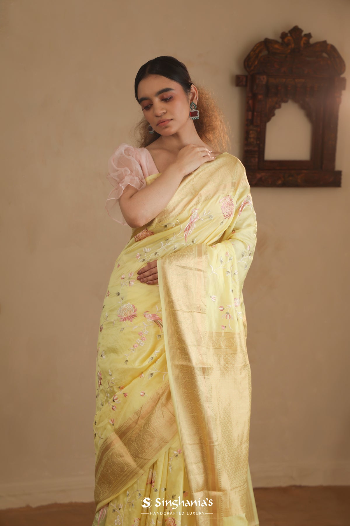 Light Yellow Kanchi Saree With Floral Embroidery