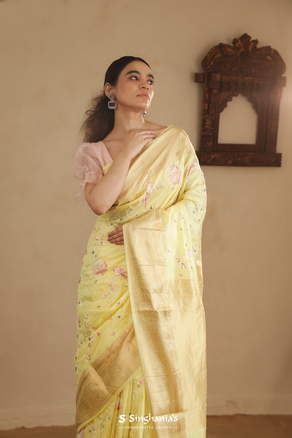 Light Yellow Kanchi Saree With Floral Embroidery