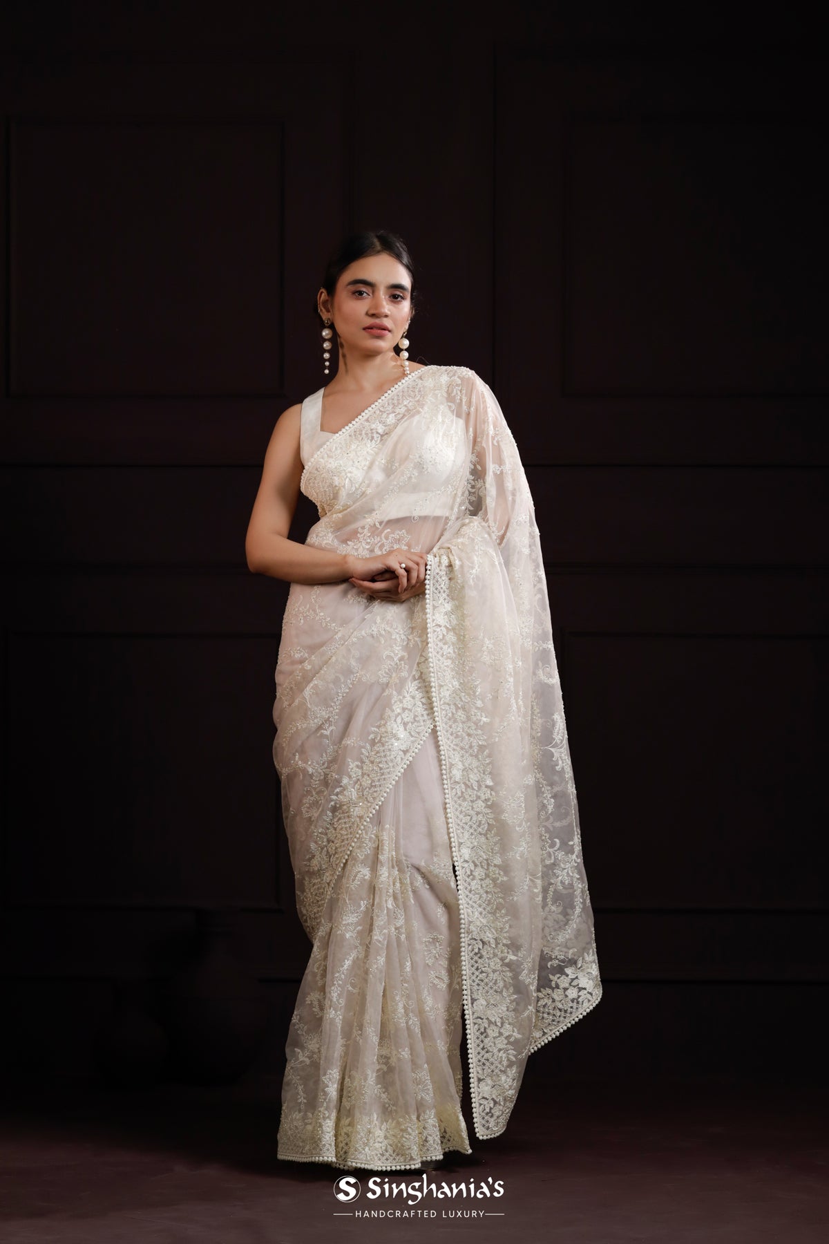 Off White Organza Designer Saree With Hand Embroidery