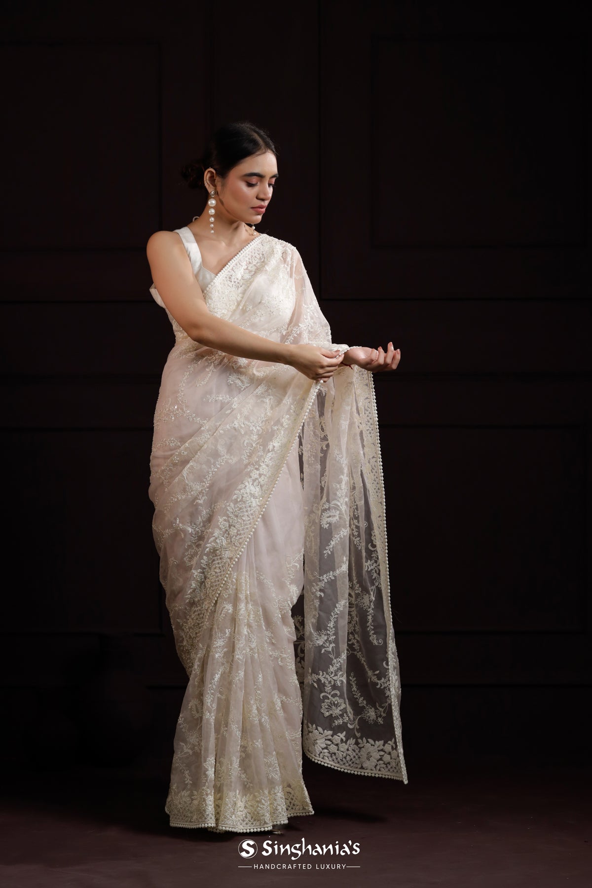 Off White Organza Designer Saree With Hand Embroidery