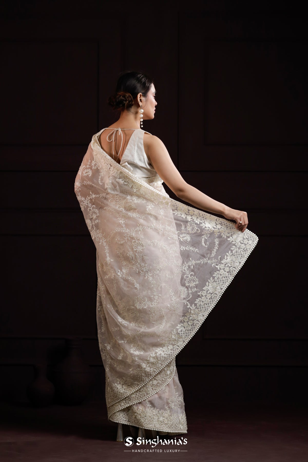 Off White Organza Designer Saree With Hand Embroidery