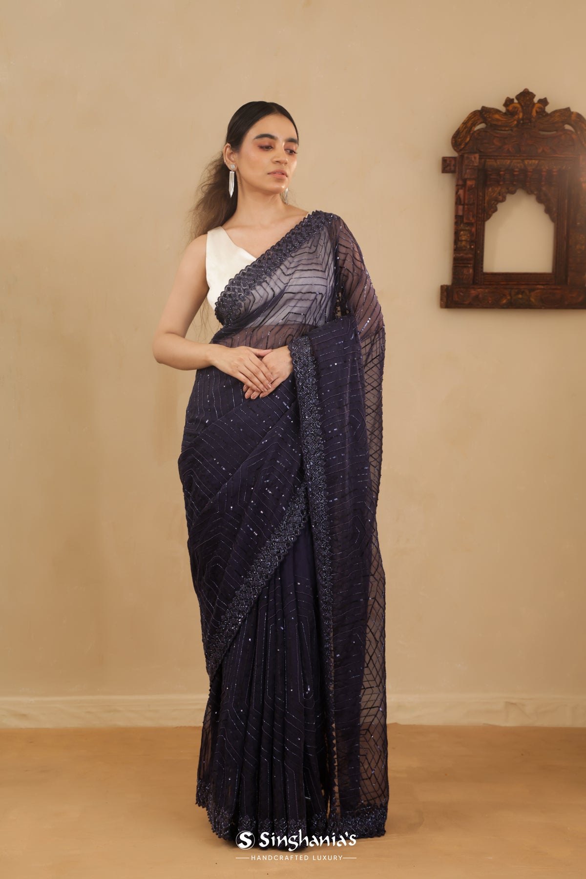 Dark Navy Blue Designer Georgette Saree With Embroidery