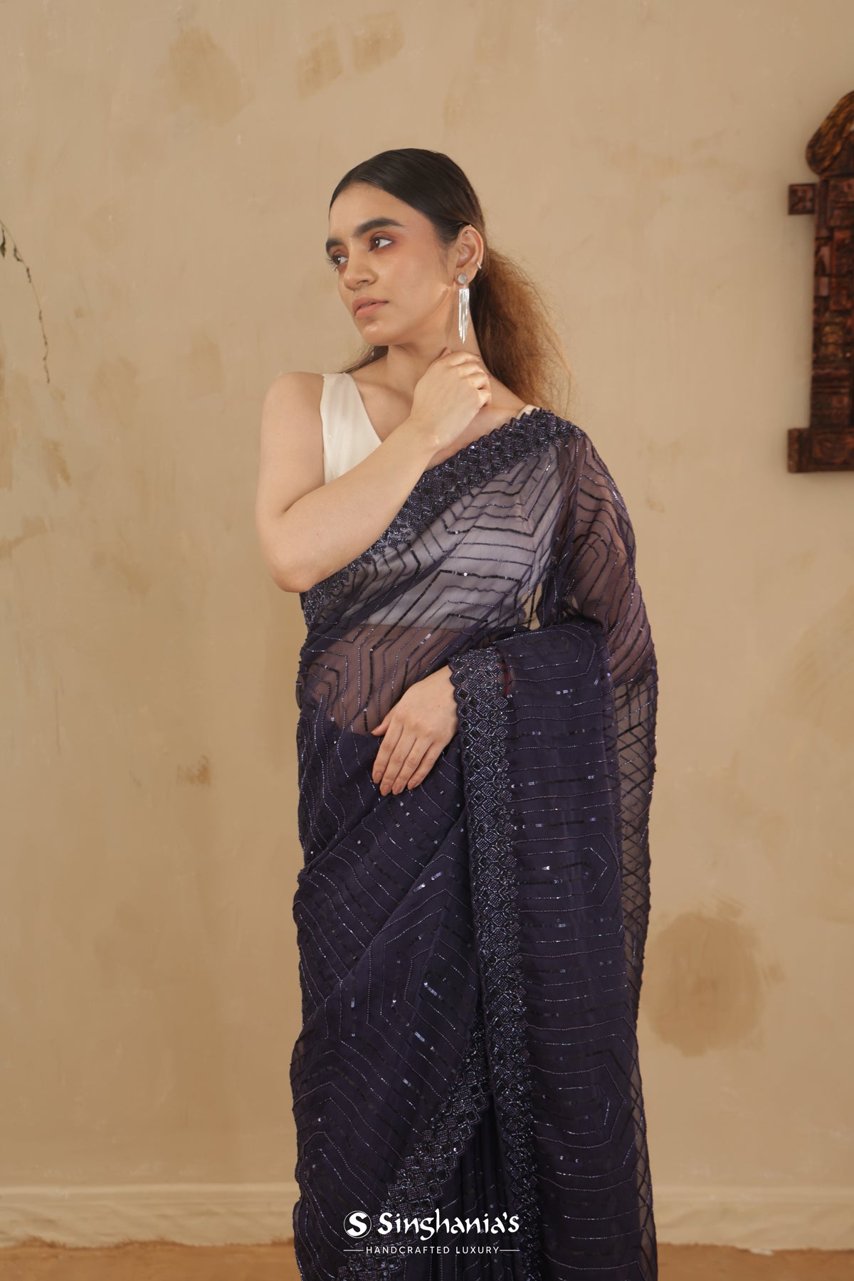 Dark Navy Blue Designer Georgette Saree With Embroidery