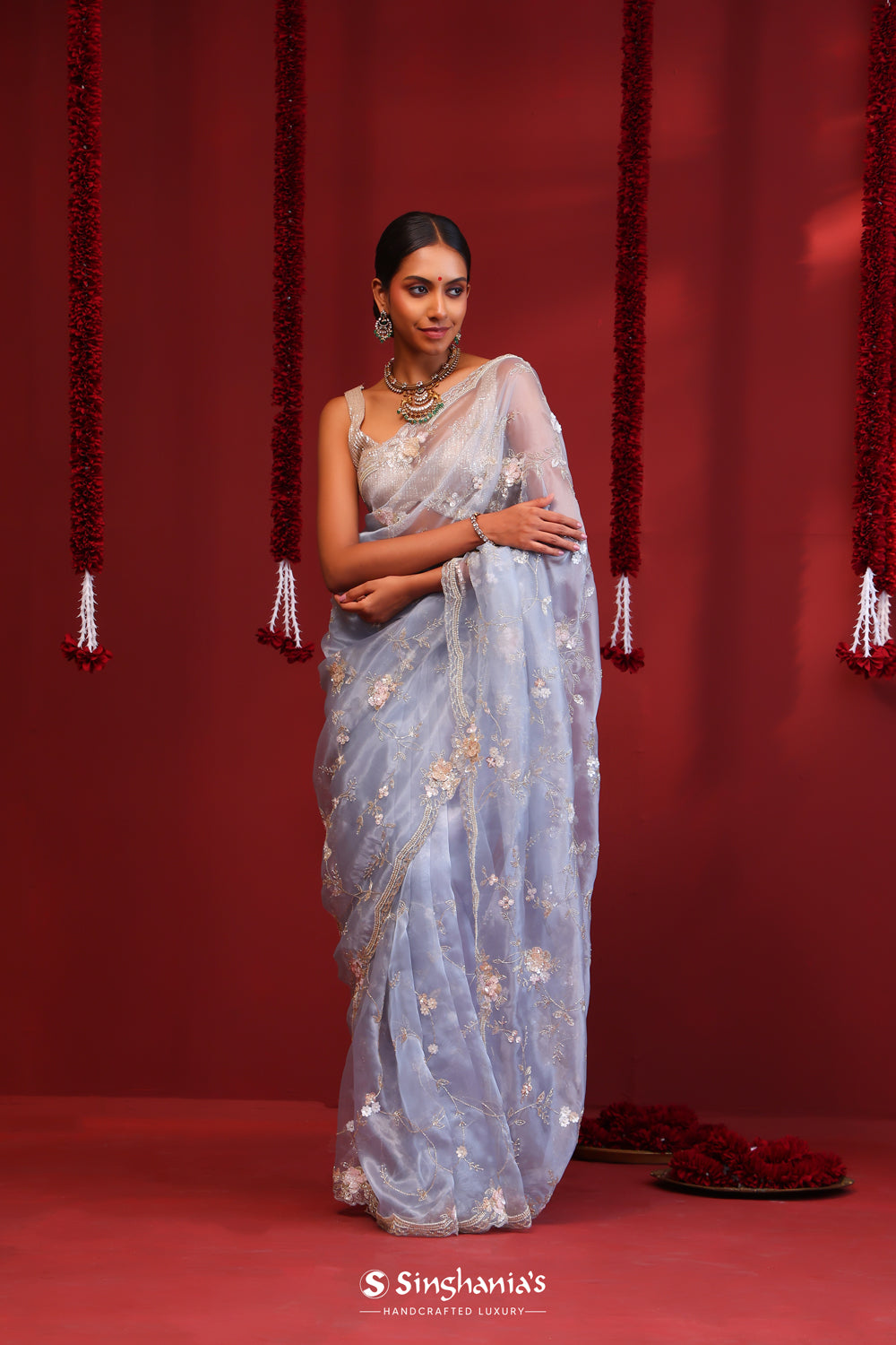 Arctic Blue Handcrafted Organza Saree