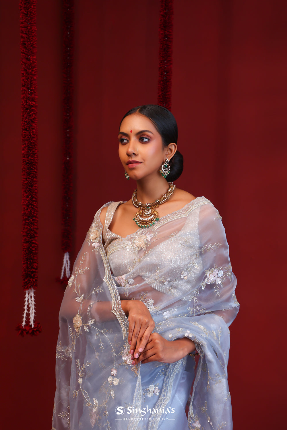 Arctic Blue Handcrafted Organza Saree