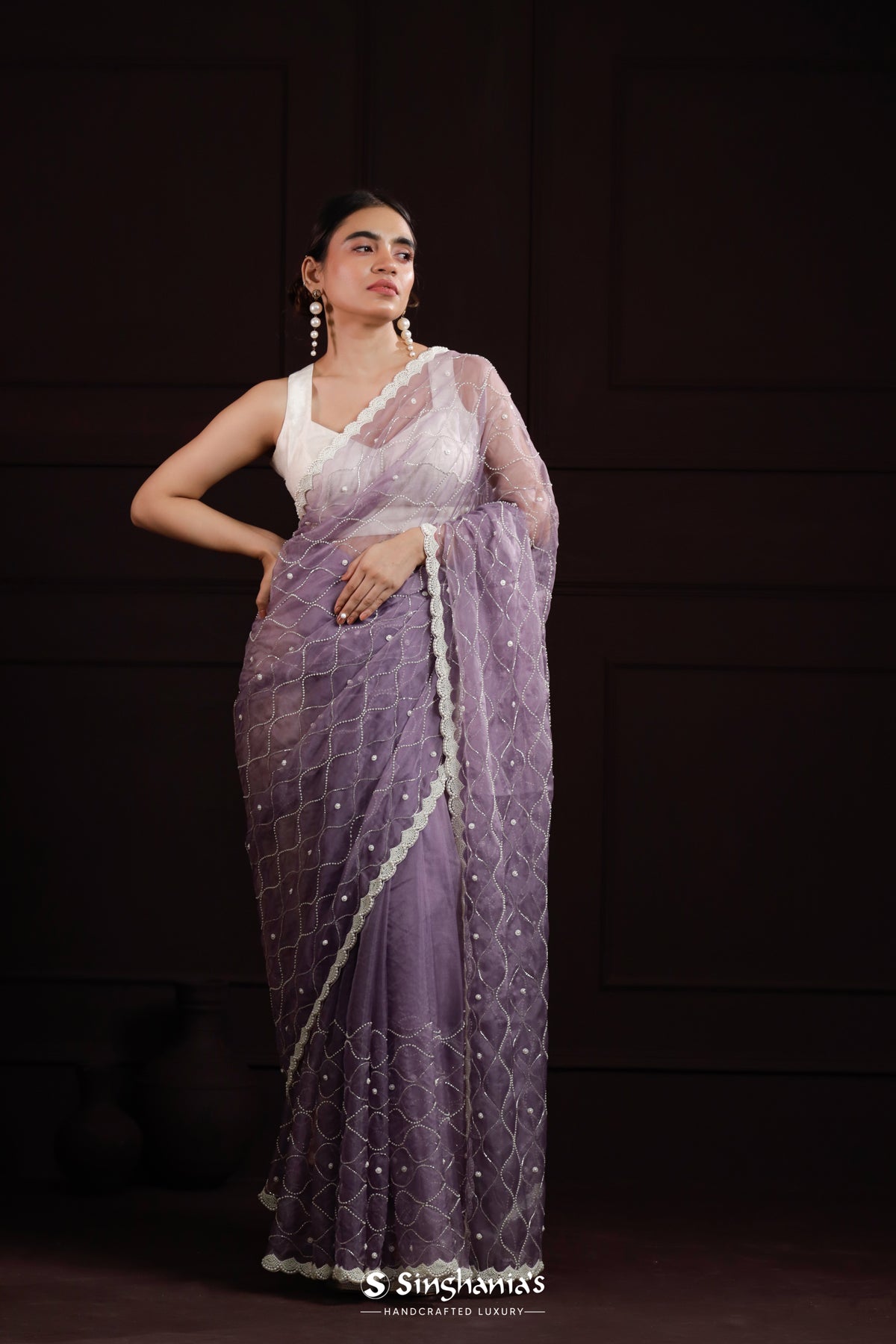 Chinese Violet Organza Saree With Hand Embroidery