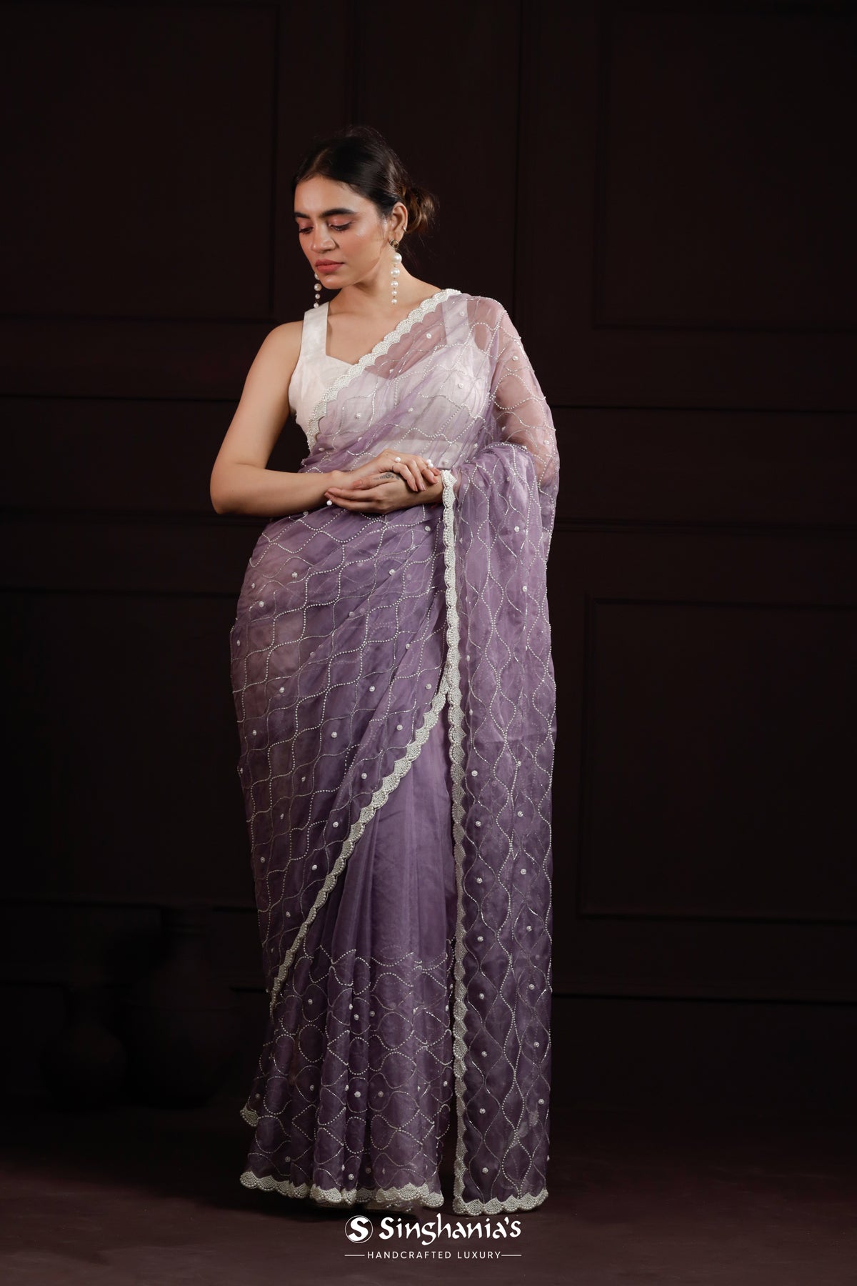 Chinese Violet Organza Saree With Hand Embroidery