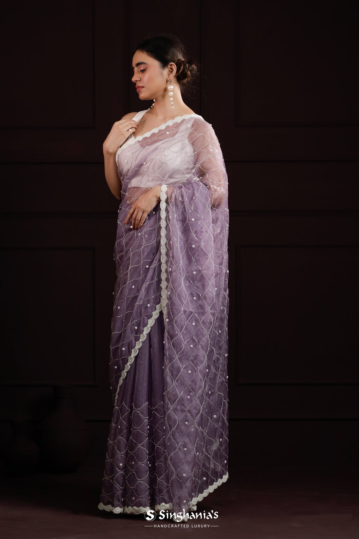 Chinese Violet Organza Saree With Hand Embroidery