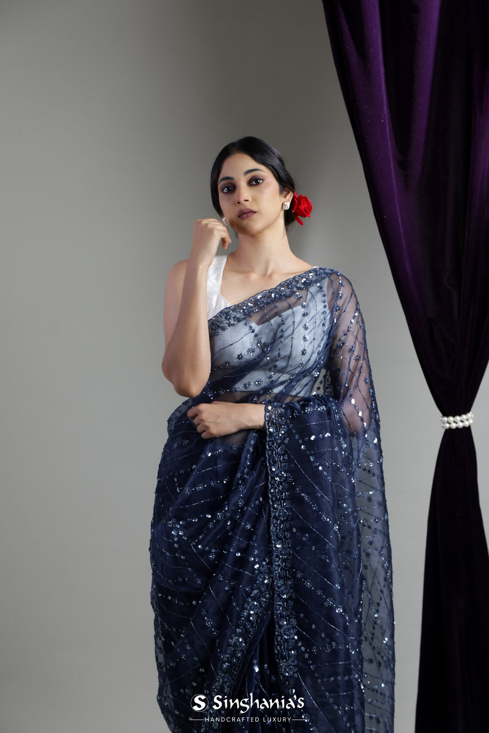 Delft Blue Organza Saree With Hand Embroidery