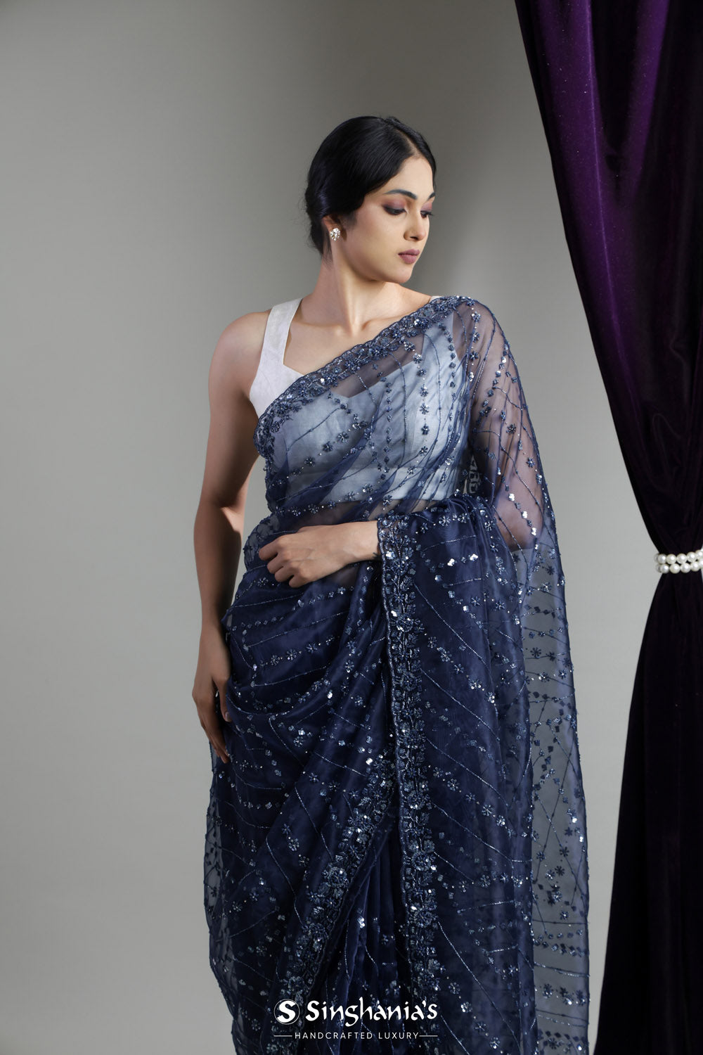 Delft Blue Organza Saree With Hand Embroidery