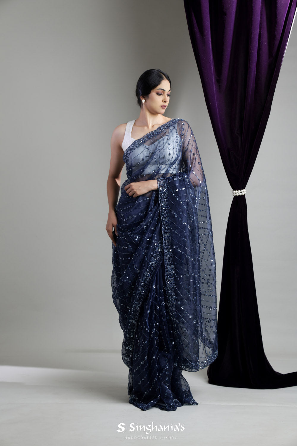 Delft Blue Organza Saree With Hand Embroidery