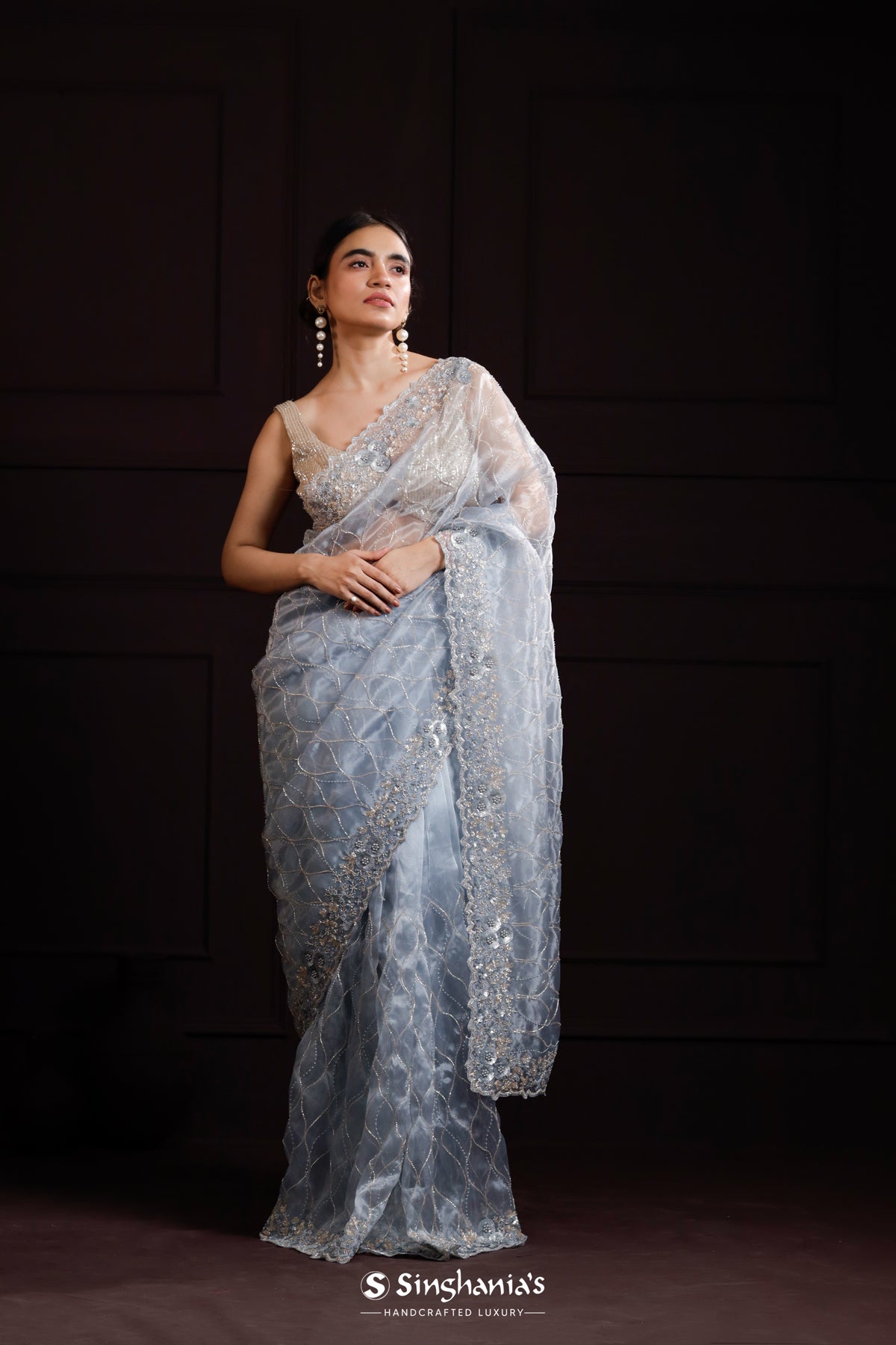 Beau Blue Organza Designer Saree With Jaal Embroidery