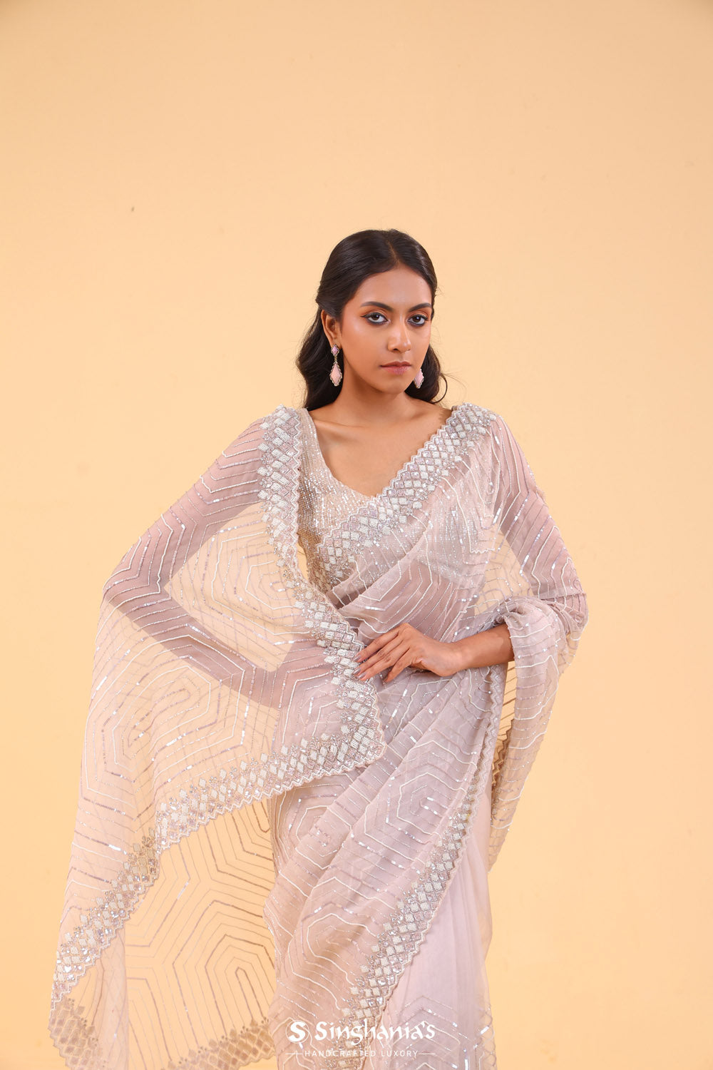 Soft Lilac Organza Handcrafted Saree