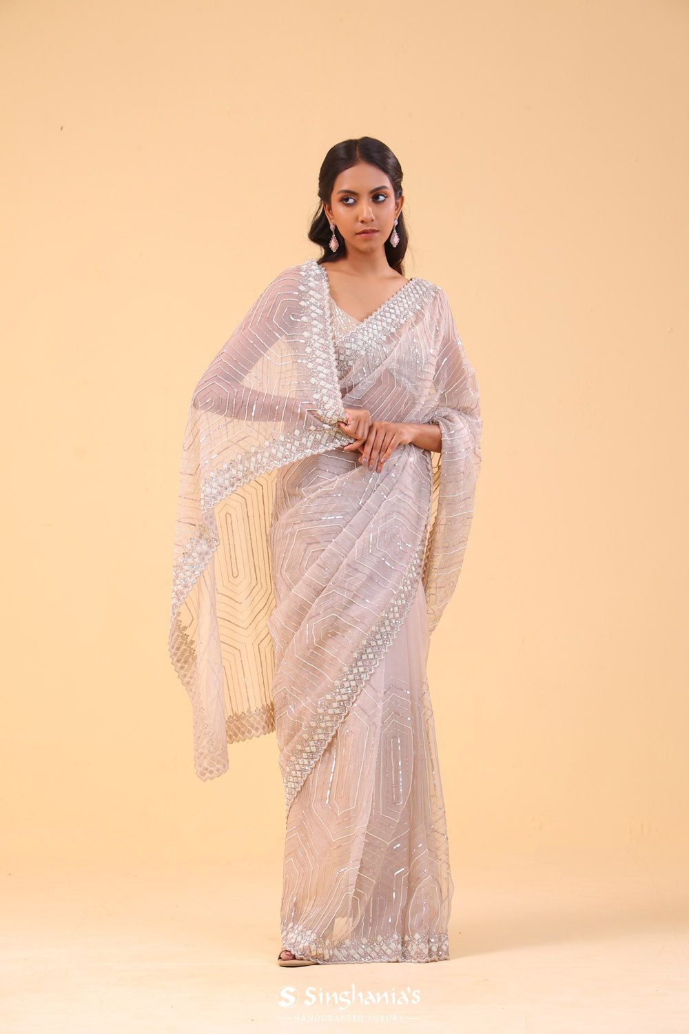 Soft Lilac Organza Handcrafted Saree