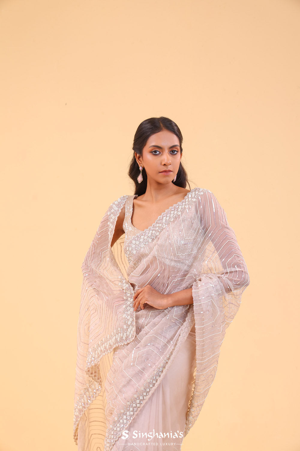 Soft Lilac Organza Handcrafted Saree