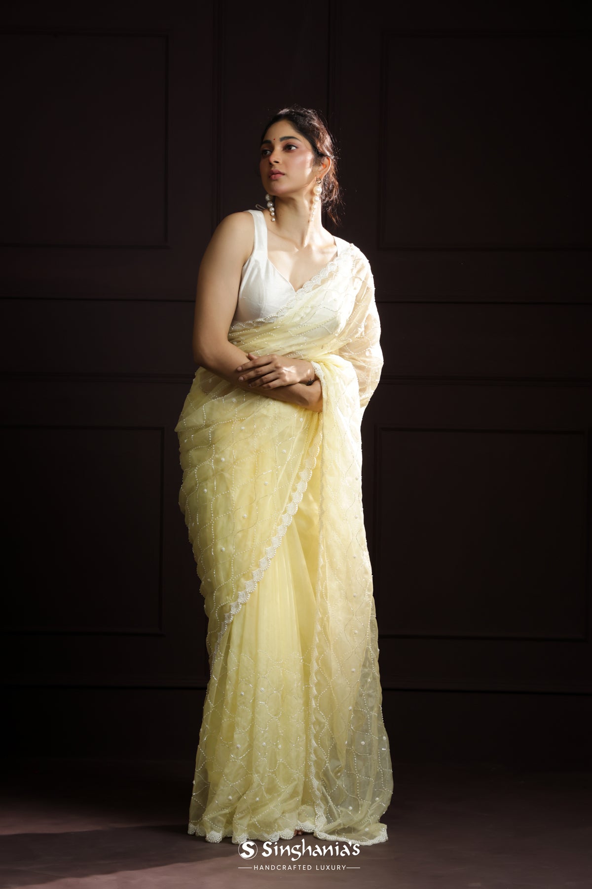 Pale Yellow Organza Saree With Jaal Embroidery