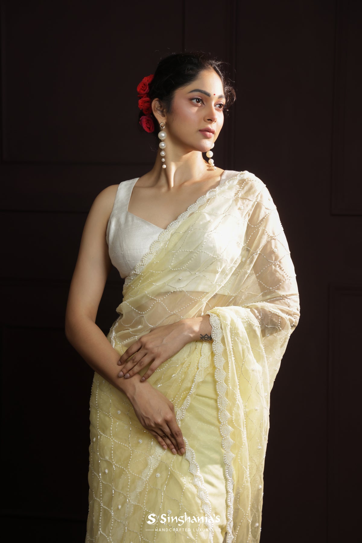 Pale Yellow Organza Saree With Jaal Embroidery