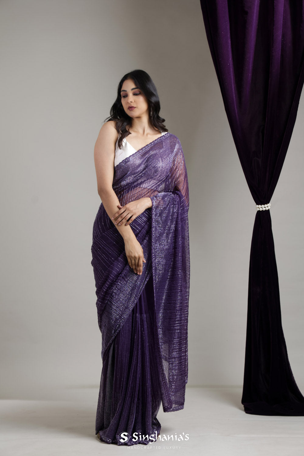 Russian Violet Organza Saree With Hand Embroidery