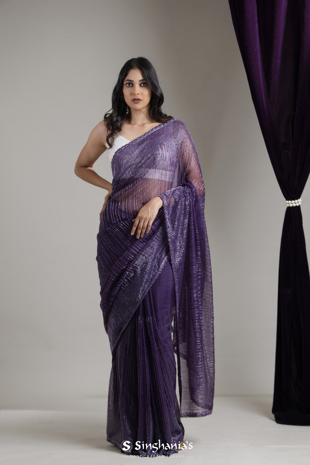 Russian Violet Organza Saree With Hand Embroidery