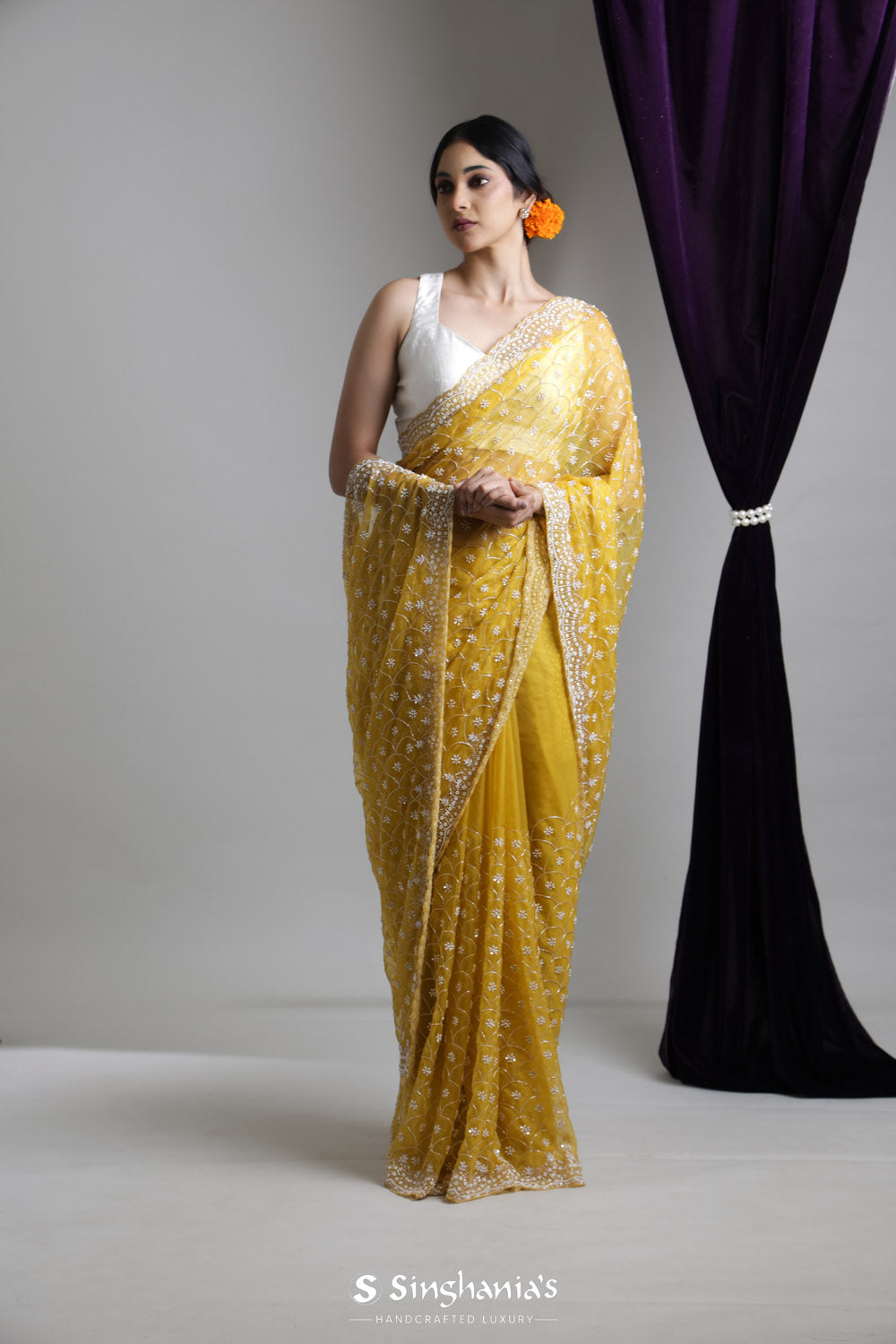 Citrine Yellow Organza Saree With Hand Embroidery