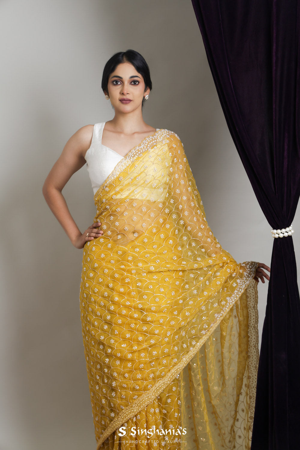 Citrine Yellow Organza Saree With Hand Embroidery