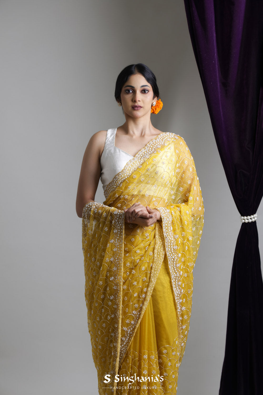 Citrine Yellow Organza Saree With Hand Embroidery