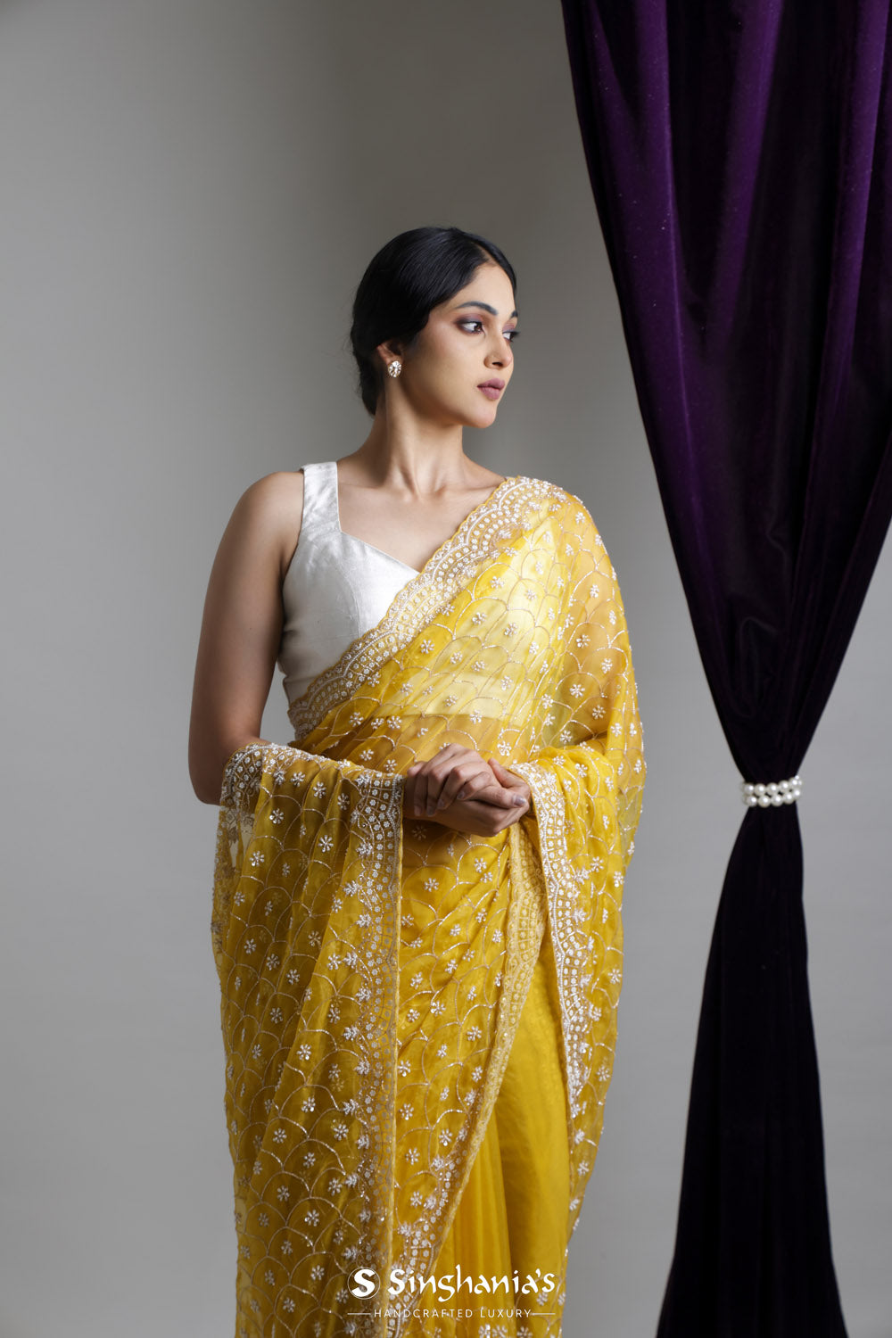 Citrine Yellow Organza Saree With Hand Embroidery