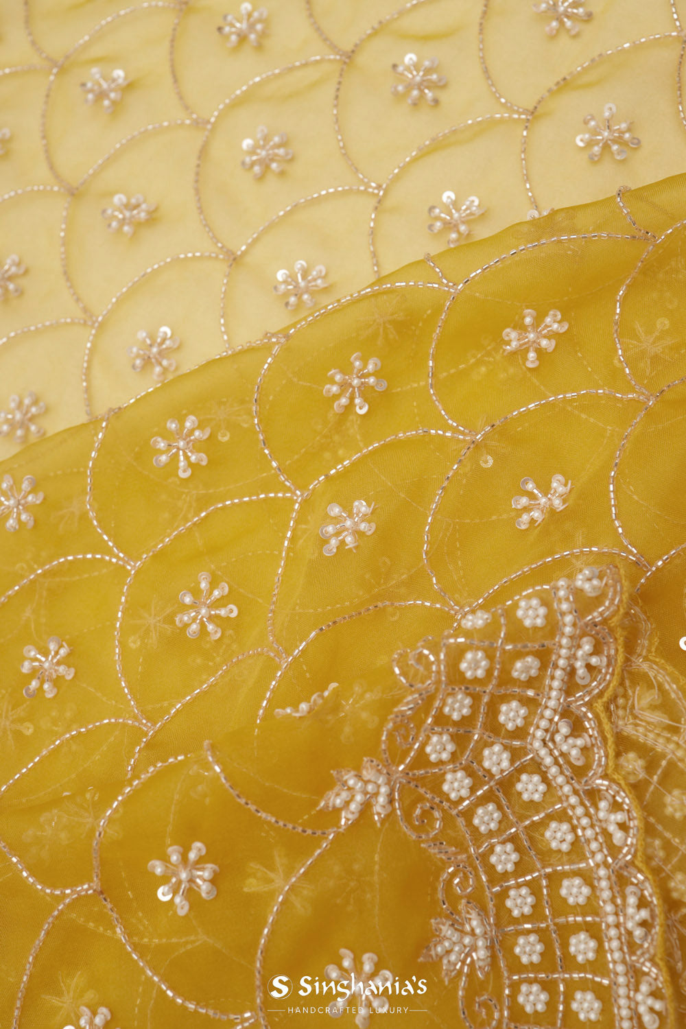 Citrine Yellow Organza Saree With Hand Embroidery