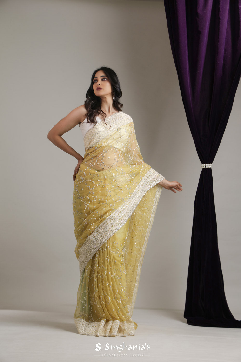 Baby Yellow Organza Saree With Hand Embroidery