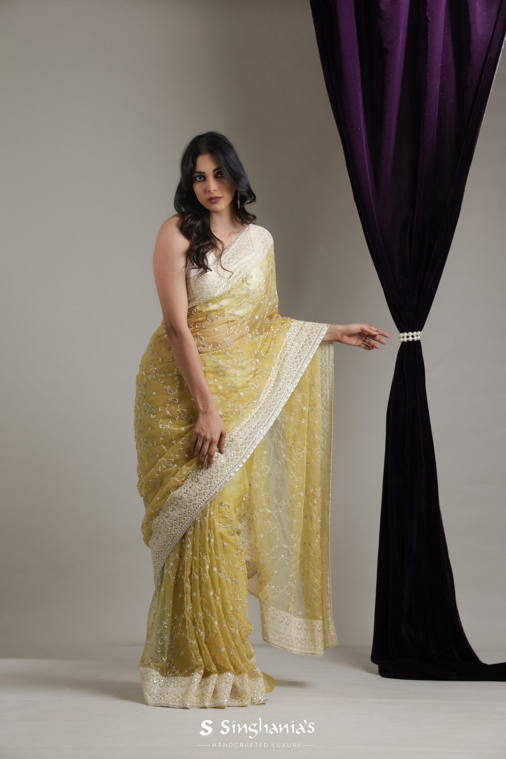 Baby Yellow Organza Saree With Hand Embroidery