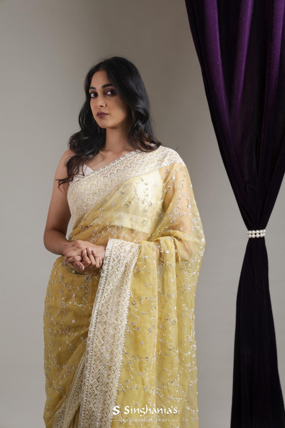 Baby Yellow Organza Saree With Hand Embroidery