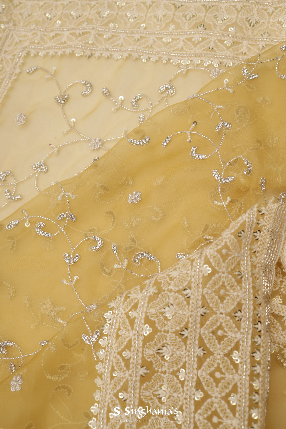 Baby Yellow Organza Saree With Hand Embroidery