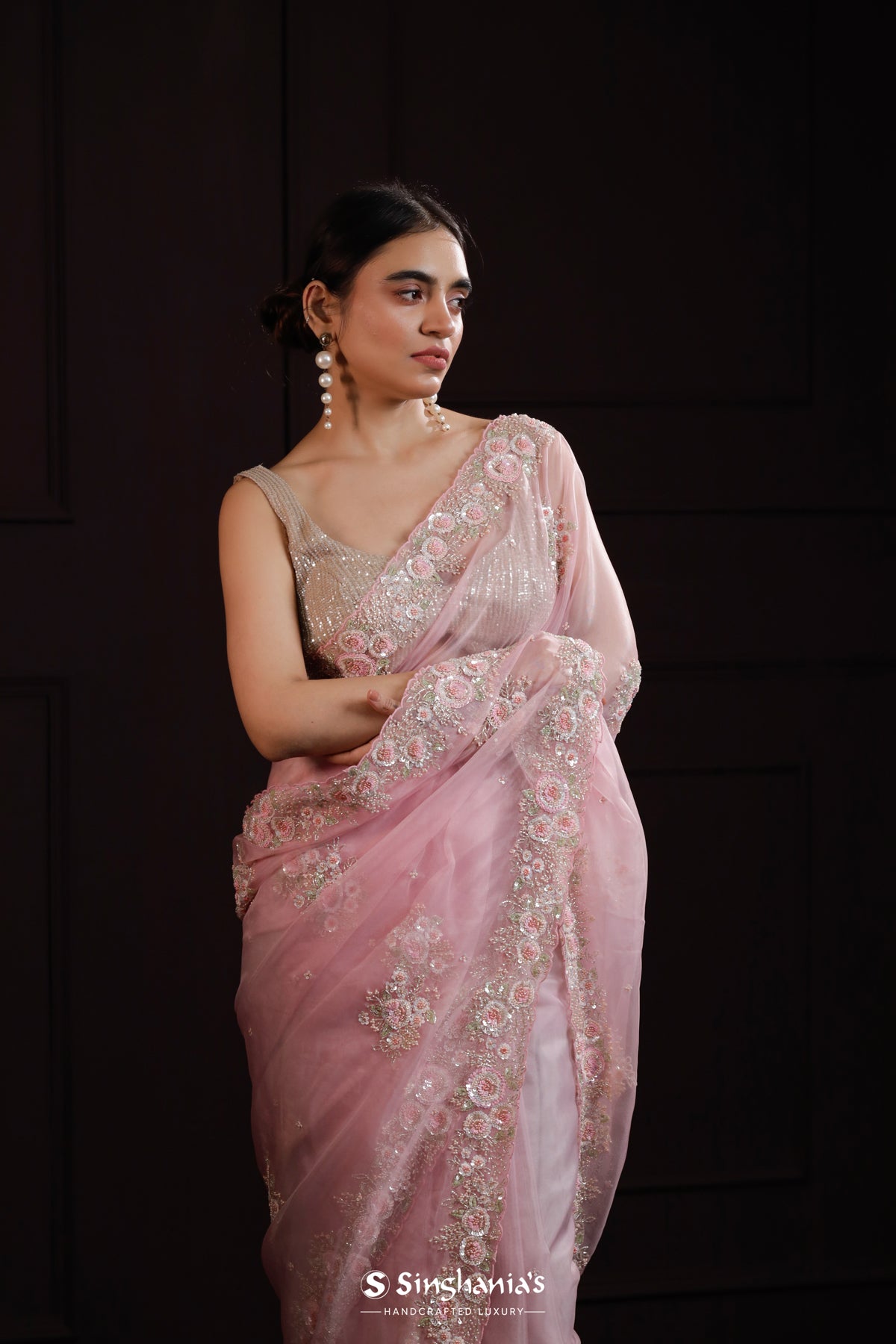 Candy Pink Organza Designer Saree With Hand Embroidery