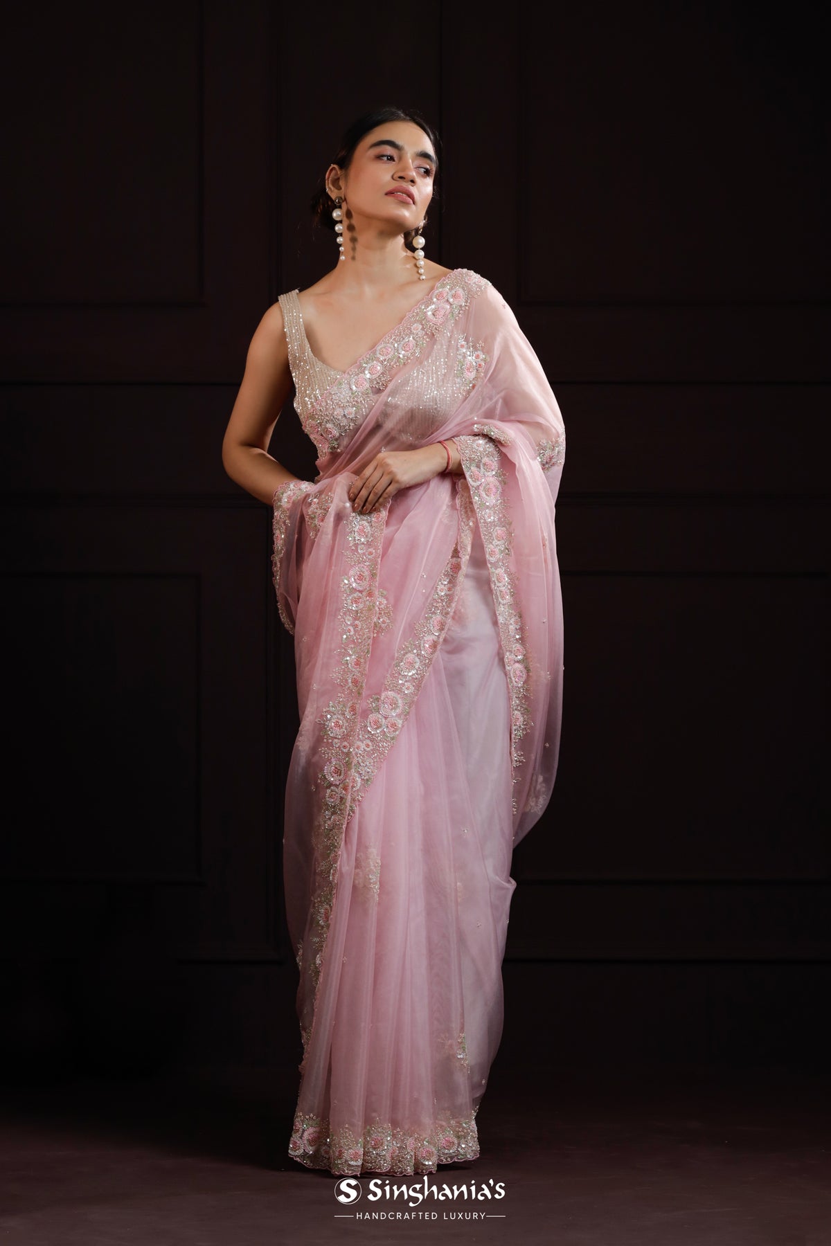 Candy Pink Organza Designer Saree With Hand Embroidery