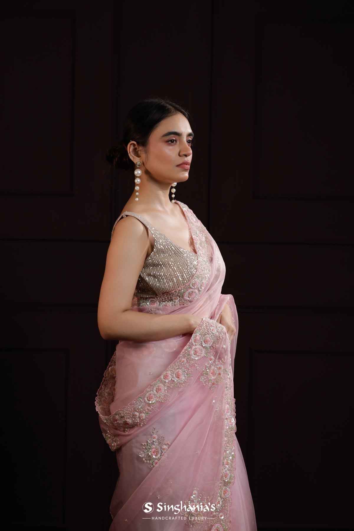 Candy Pink Organza Designer Saree With Hand Embroidery