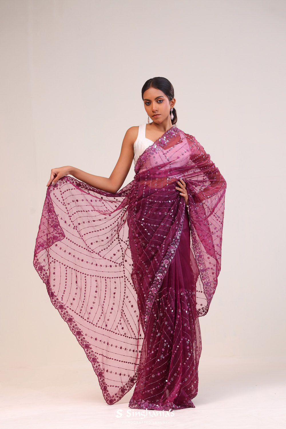 Tyrian Purple Organza Handcrafted Saree