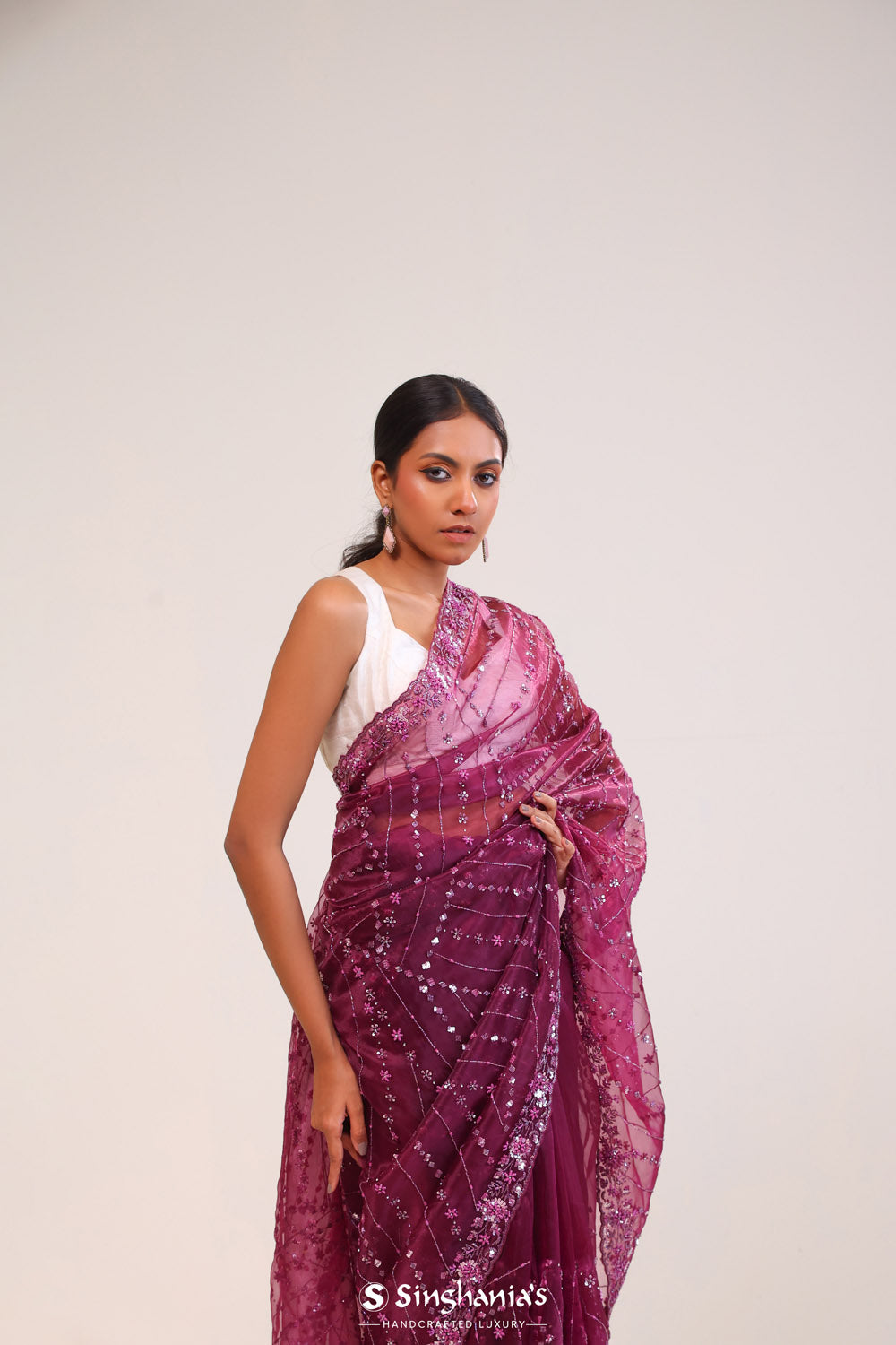 Tyrian Purple Organza Handcrafted Saree