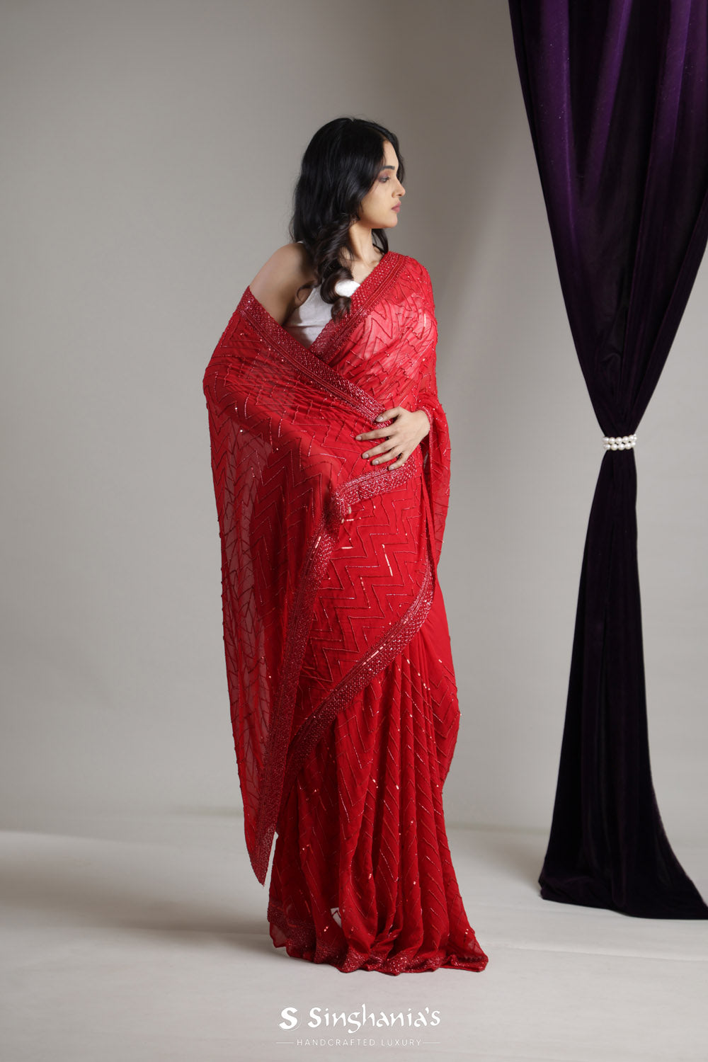 Raspberry Red Tissue Organza Embroidery Saree