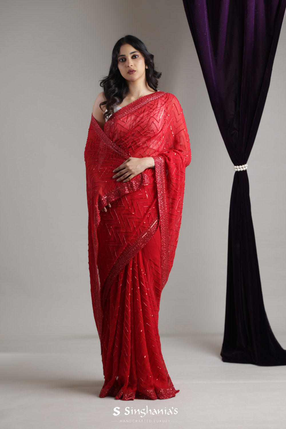 Raspberry Red Tissue Organza Embroidery Saree