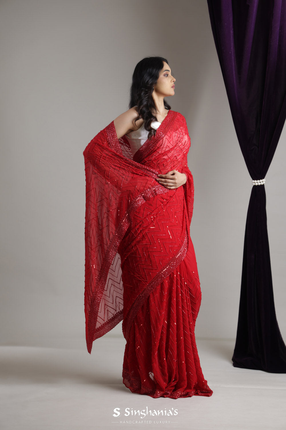 Raspberry Red Tissue Organza Embroidery Saree