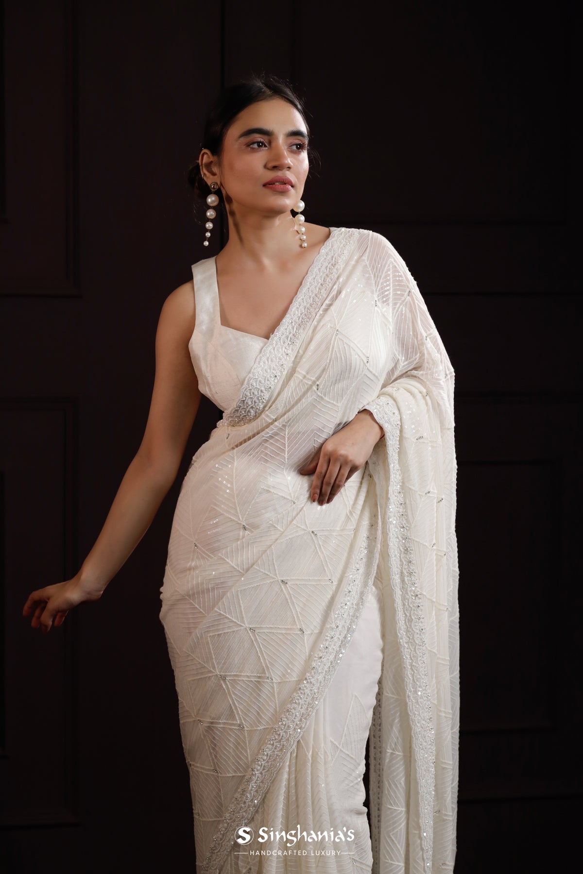 Cream White Georgette Designer Saree With Hand Embroidery