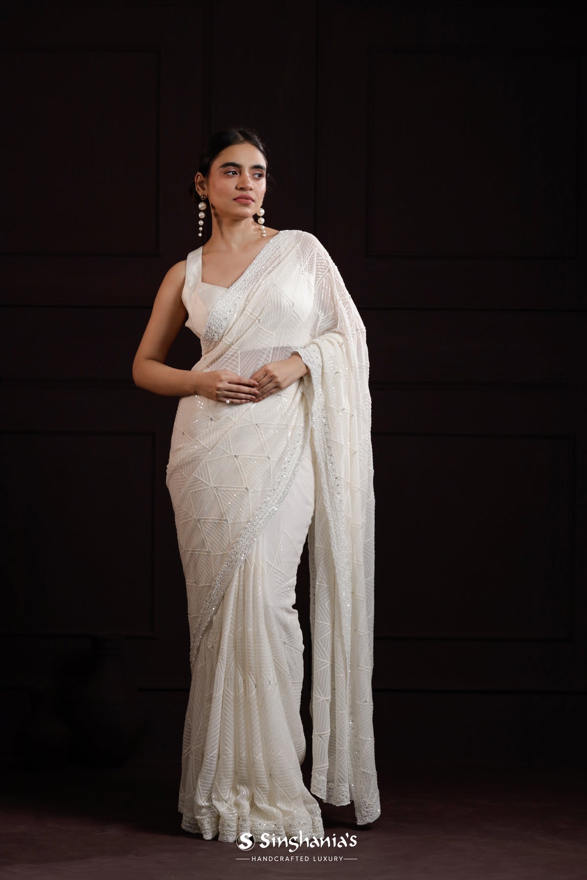 Cream White Georgette Designer Saree With Hand Embroidery