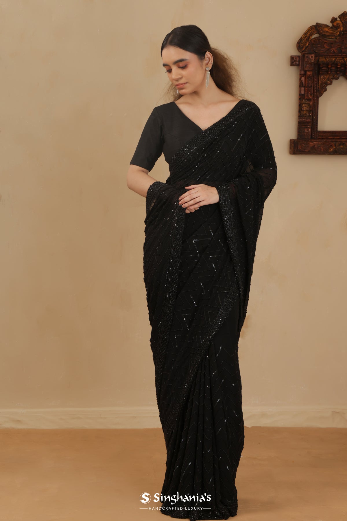 Kajal Black Hand Embroidery Georgette Saree