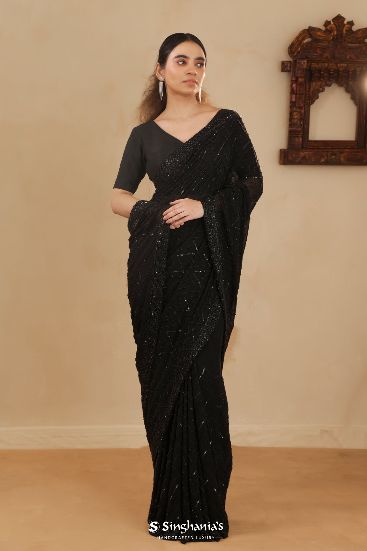 Kajal Black Hand Embroidery Georgette Saree