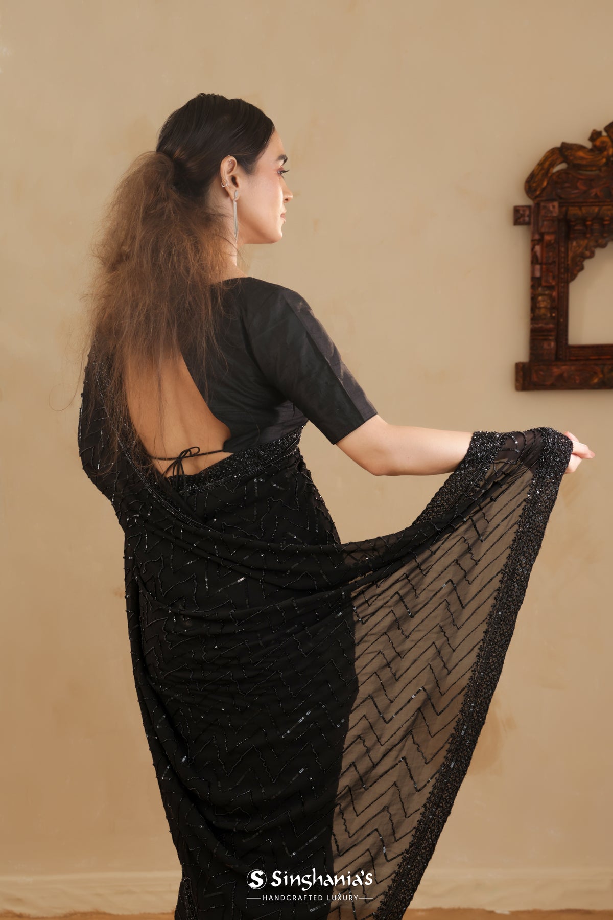 Kajal Black Hand Embroidery Georgette Saree