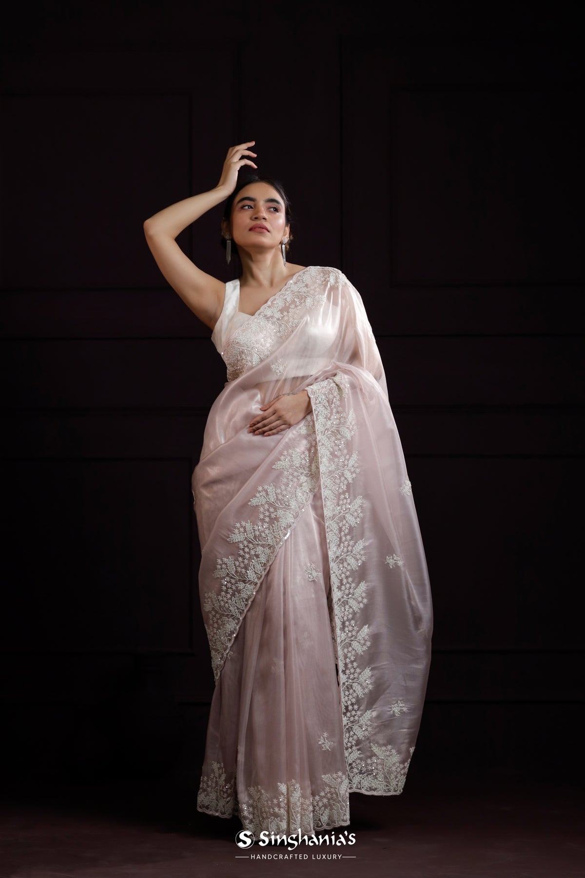 Lace Pink Tissue Designer Saree With Floral Embroidery