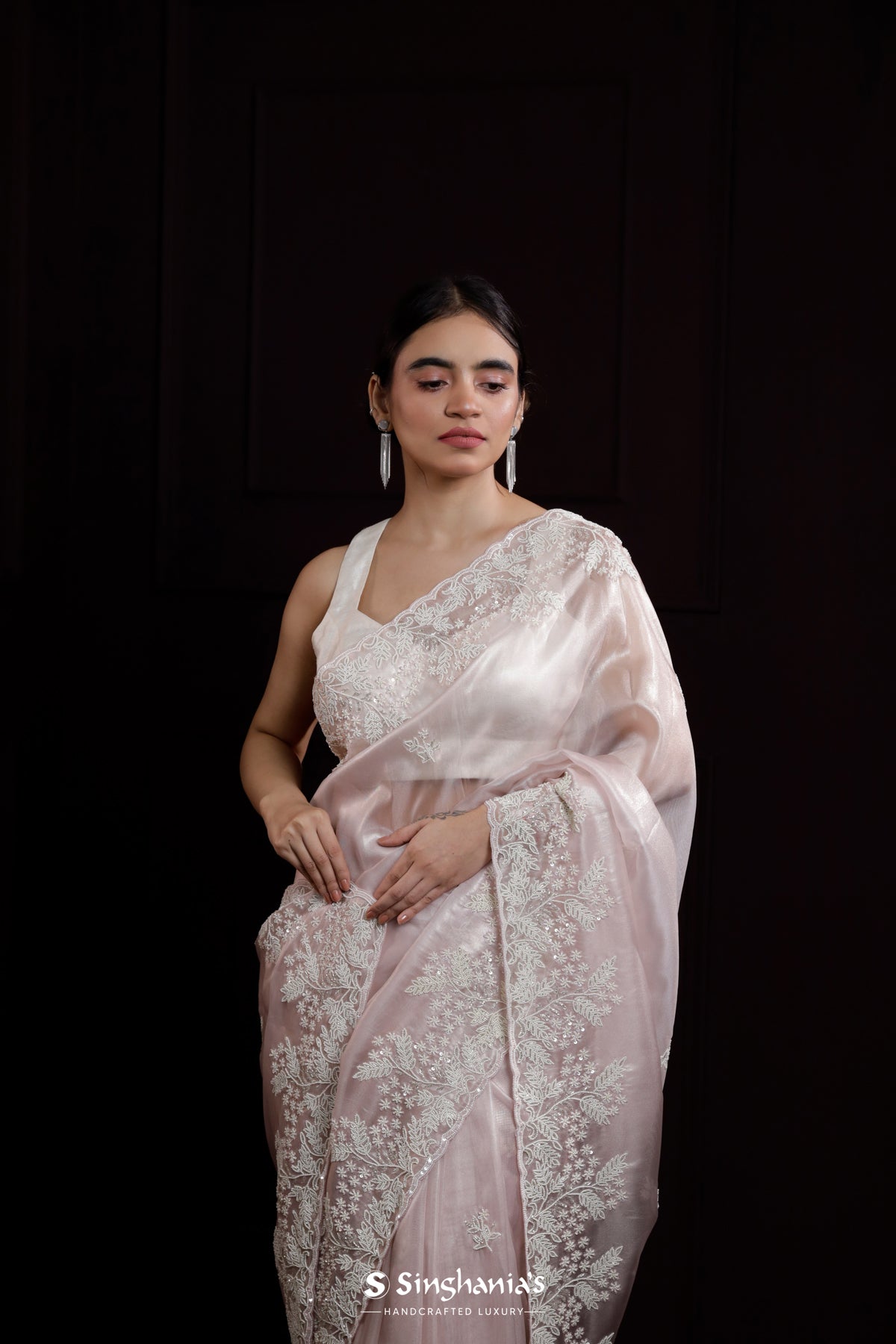 Lace Pink Tissue Designer Saree With Floral Embroidery