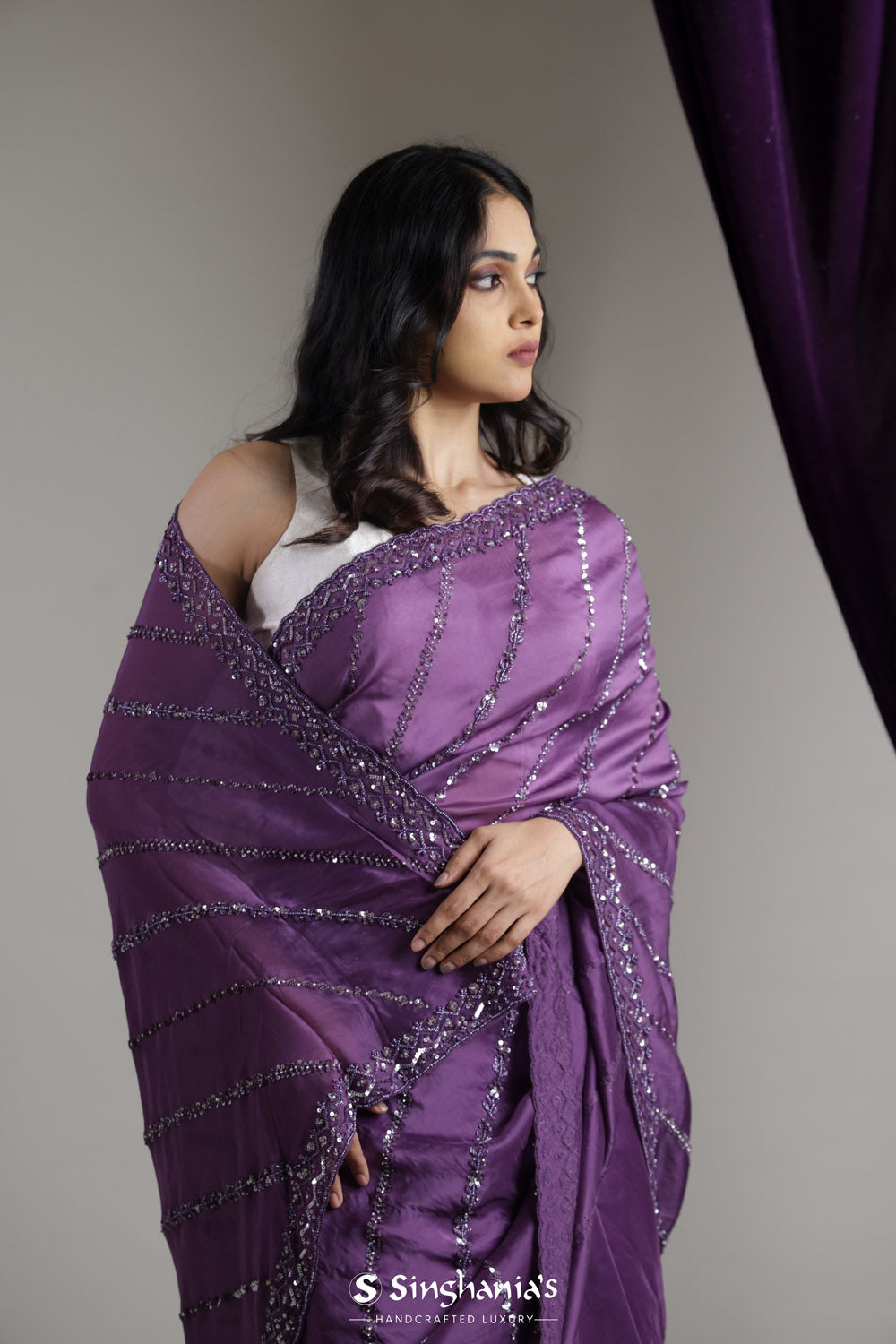 Eminence Purple Tissue Organza Saree With Hand Embroidery