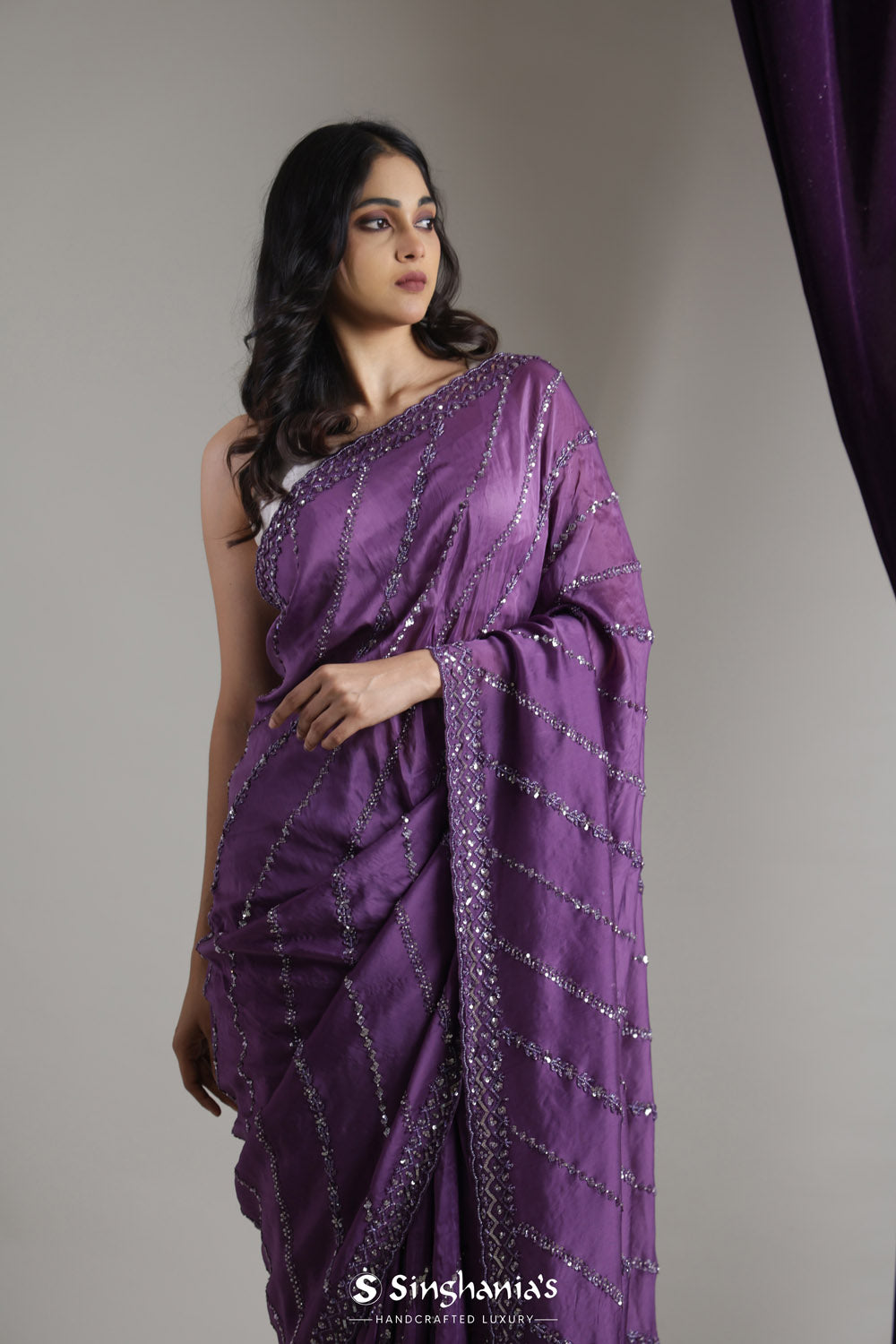 Eminence Purple Tissue Organza Saree With Hand Embroidery