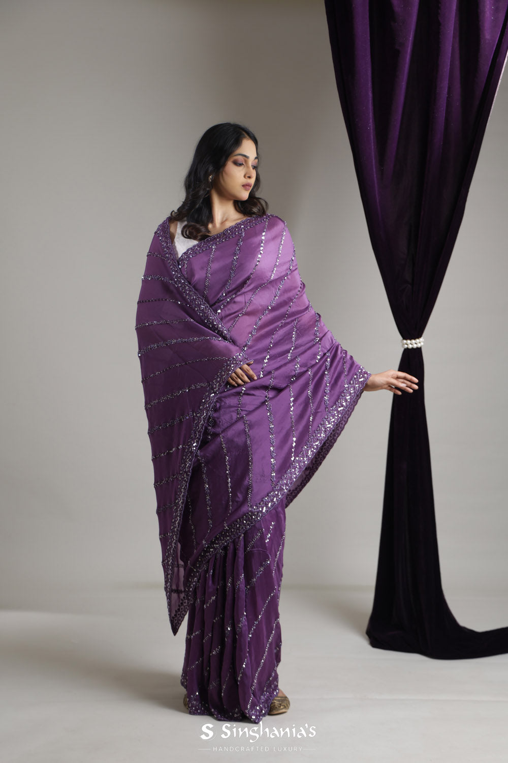 Eminence Purple Tissue Organza Saree With Hand Embroidery